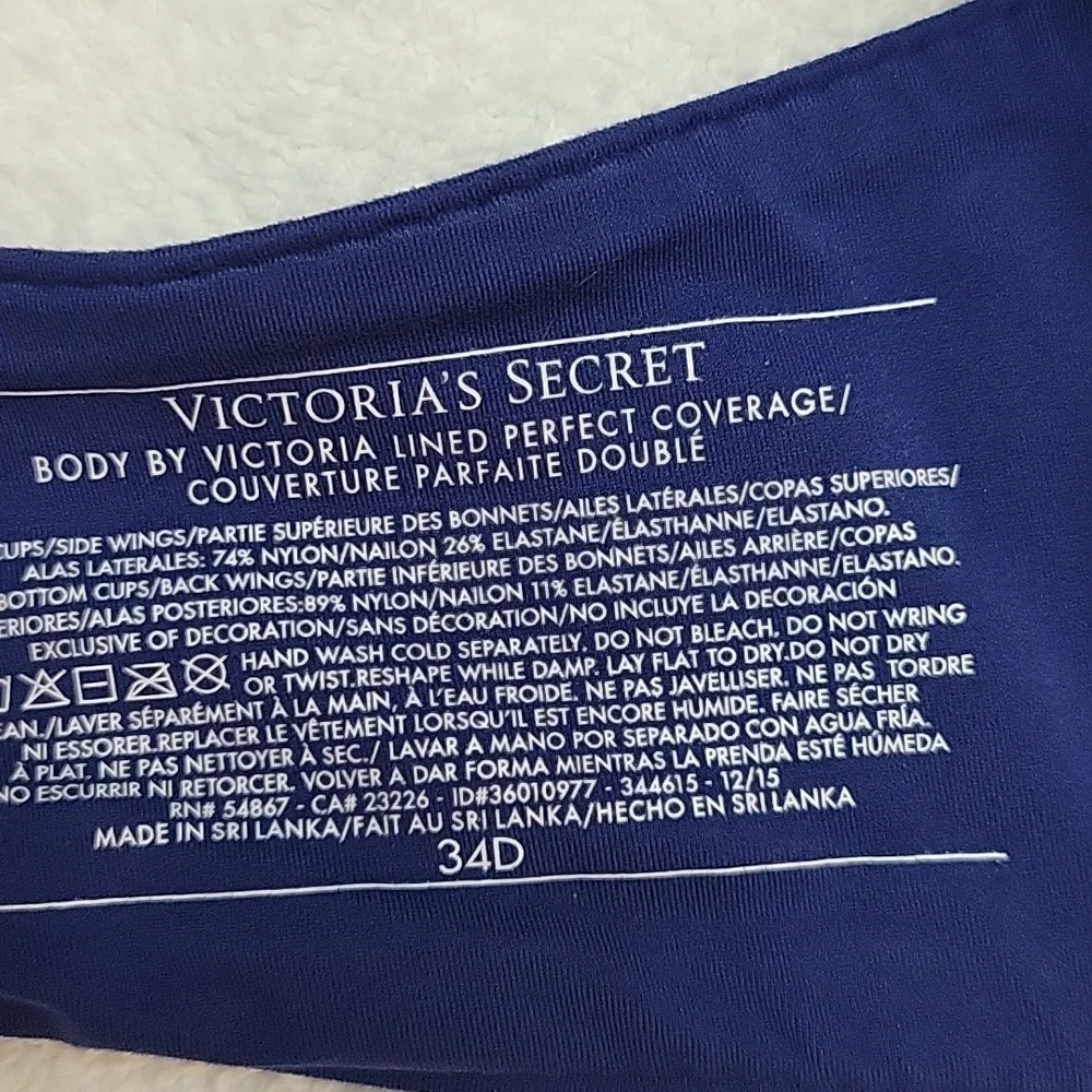 Victoria' Secret Body By VS Perfect Coverage Underwire Blue Lace Padded Bra 34D